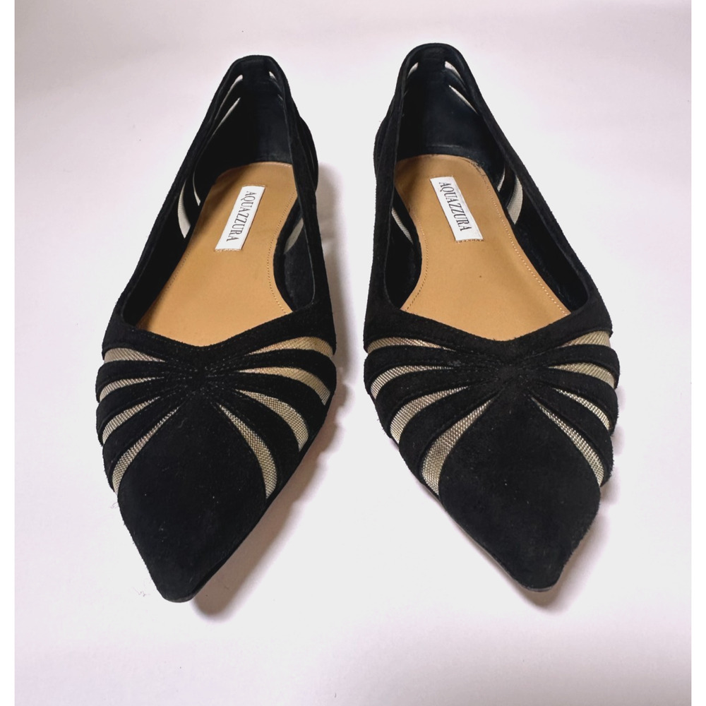 Aquazzura Black Suede & Sheer Mesh Pointed Toe Flats | Size 37 US 7 | Italy